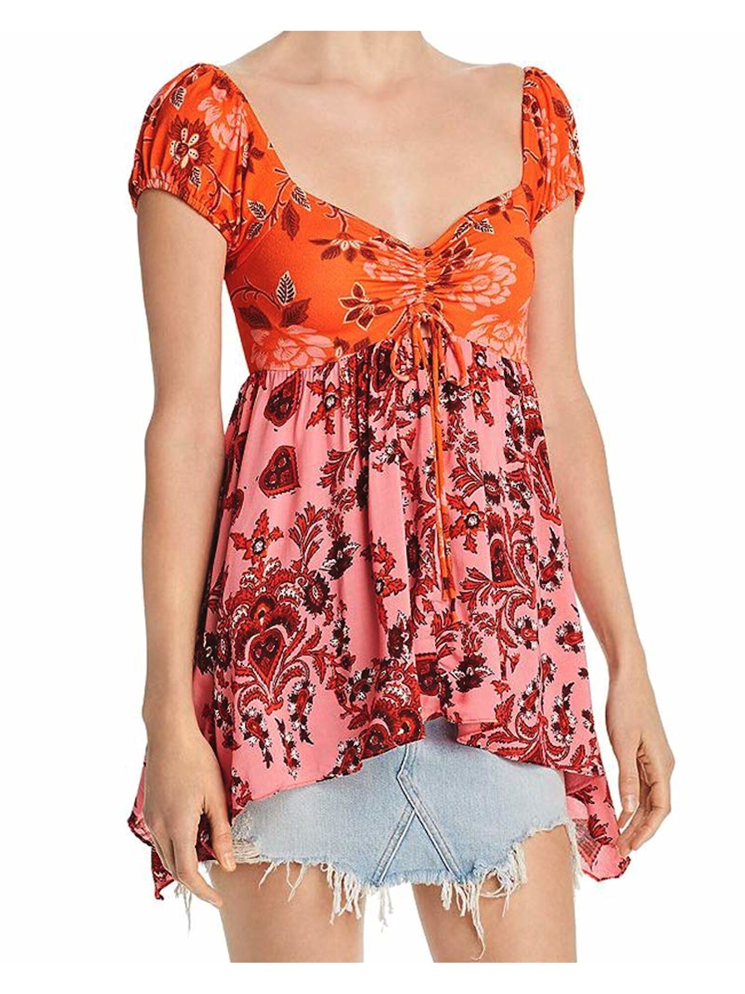 FREE PEOPLE 78 Womens New Red Floral Lace V Neck Cap Sleeve Baby Doll Top S B+B eBay