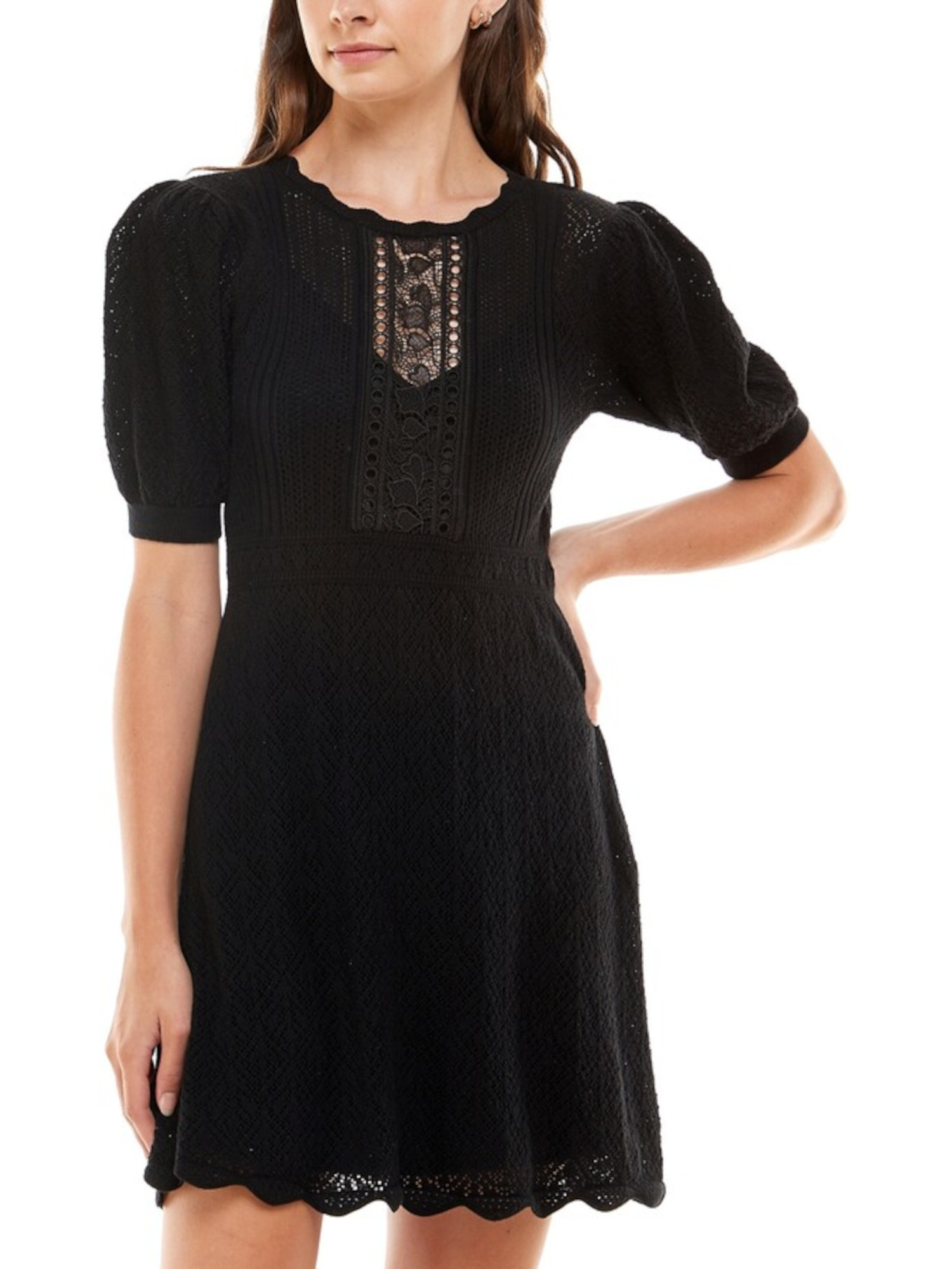 CRYSTAL DOLLS Womens Scalloped Pouf Sleeve Jewel Neck Short Sheath Dress - Picture 12 of 23