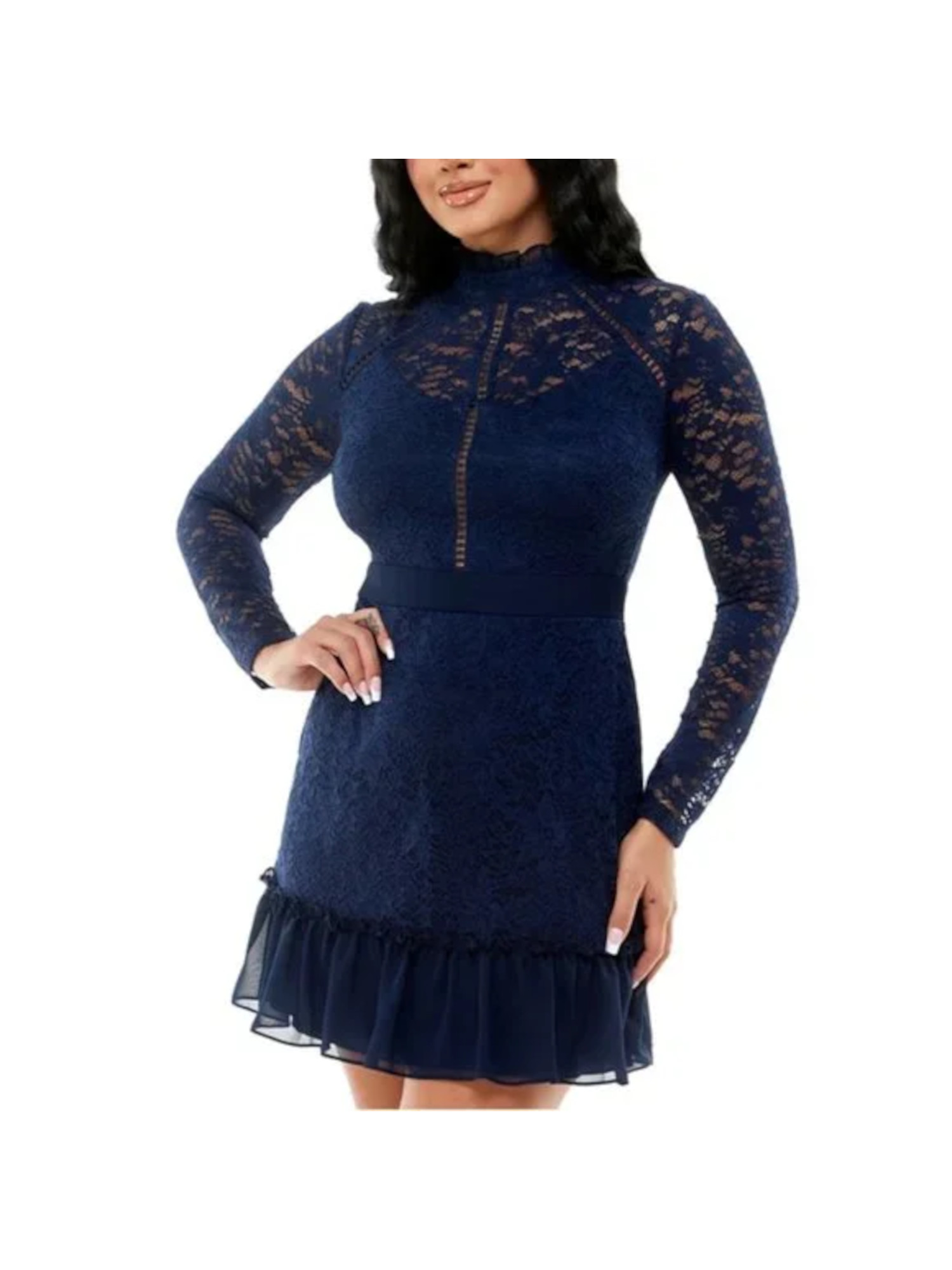 B DARLIN Womens Stretch Lined Long Sleeve Mock Neck Mini Party Fit + Flare Dress