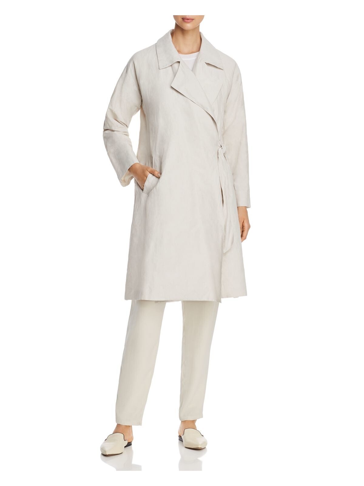 EILEEN FISHER Womens Beige Long Sleeve Wrap Trench Coat Petites Size