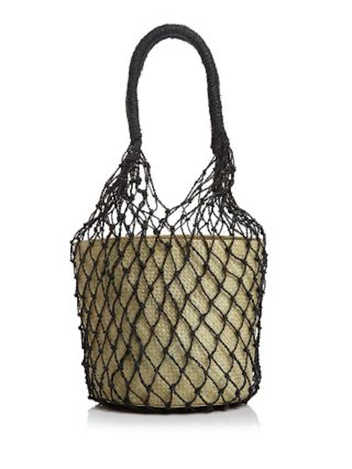 AQUA Women's Beige Straw Net Double Flat Strap Bucket Bag