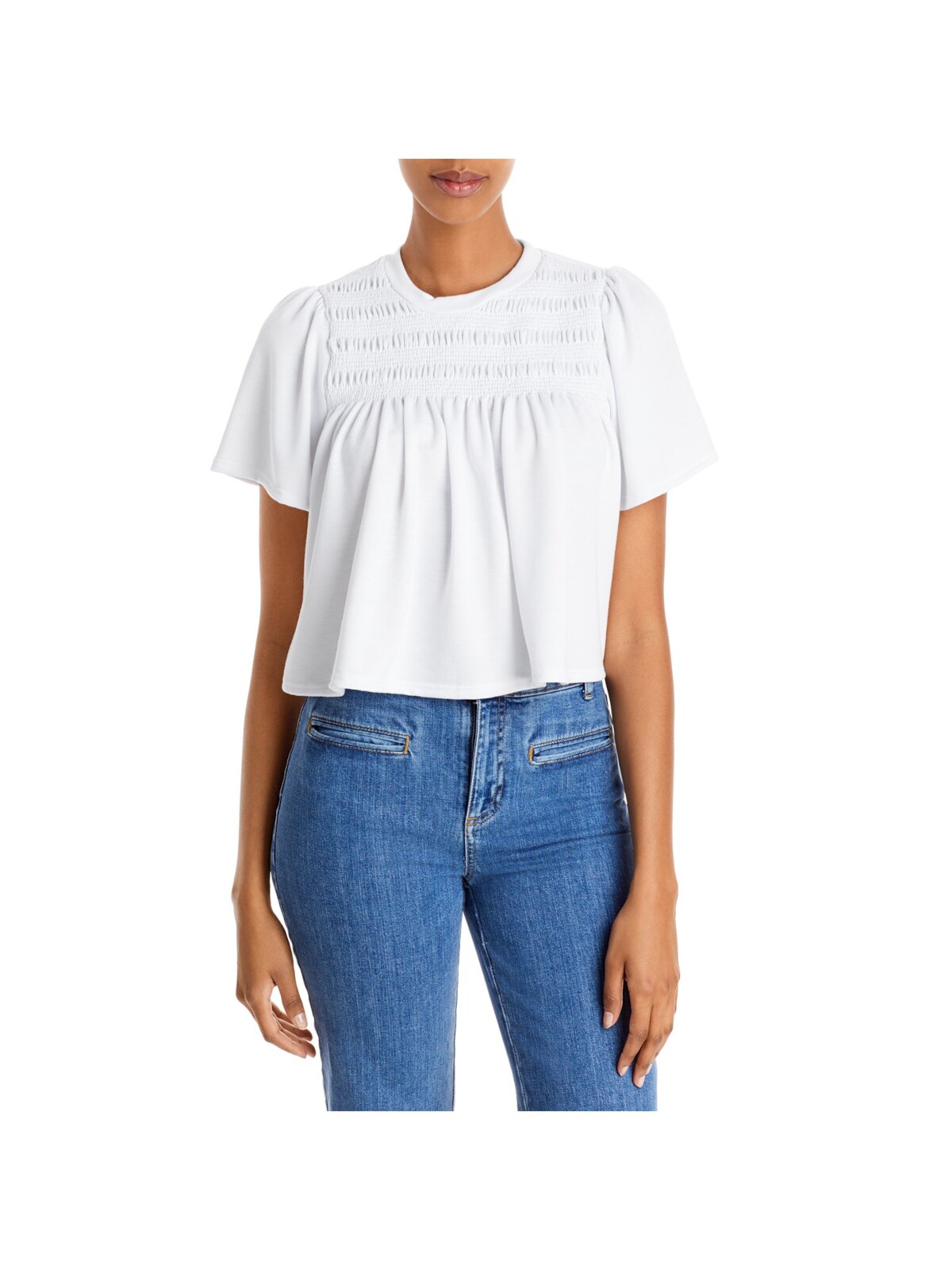 AQUA Womens Smocked Short Sleeve Round Neck T-Shirt - Picture 7 of 12