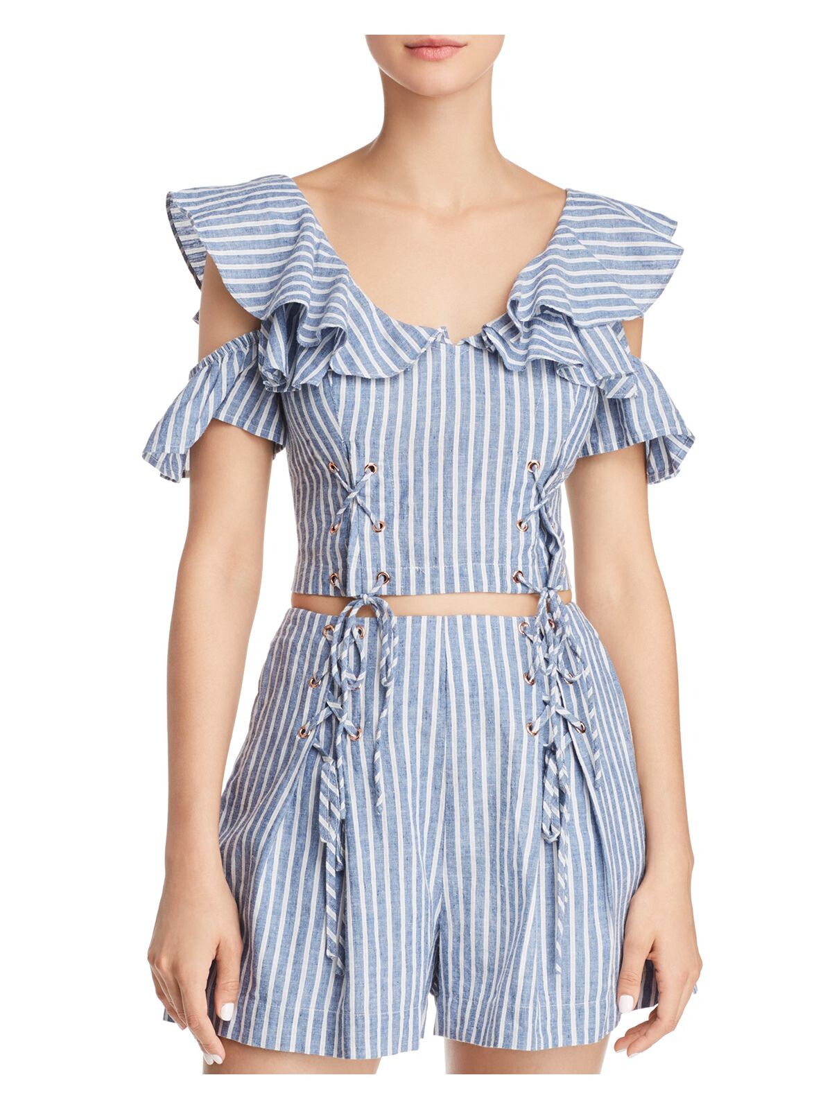 Женский светло-голубой укороченный топ GUESS с открытыми плечами и коротким рукавом с круглым вырезом XL