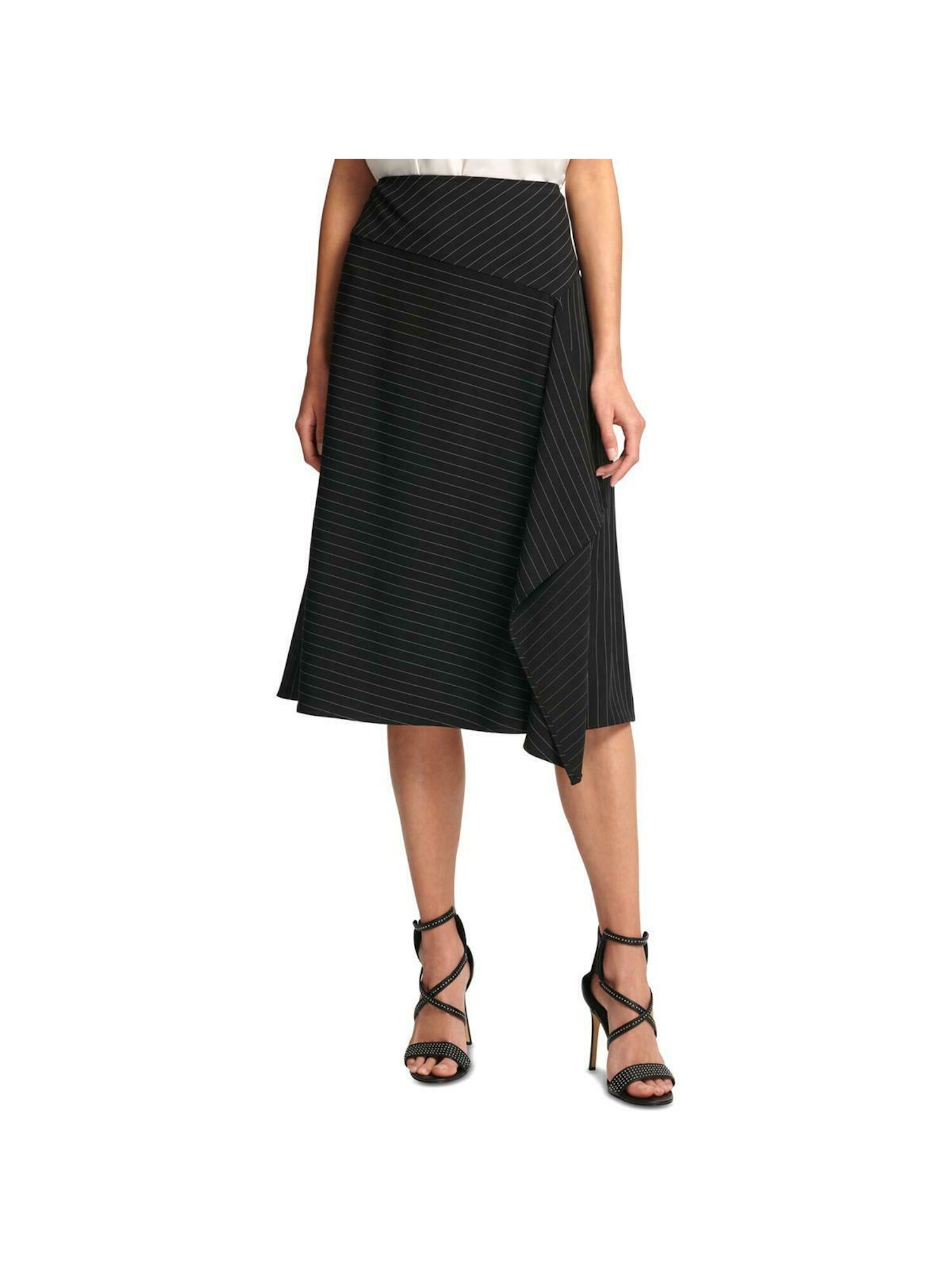 DKNY 79 Womens New Black Pinstripe Ruffled Below The Knee Skirt 10 B+B