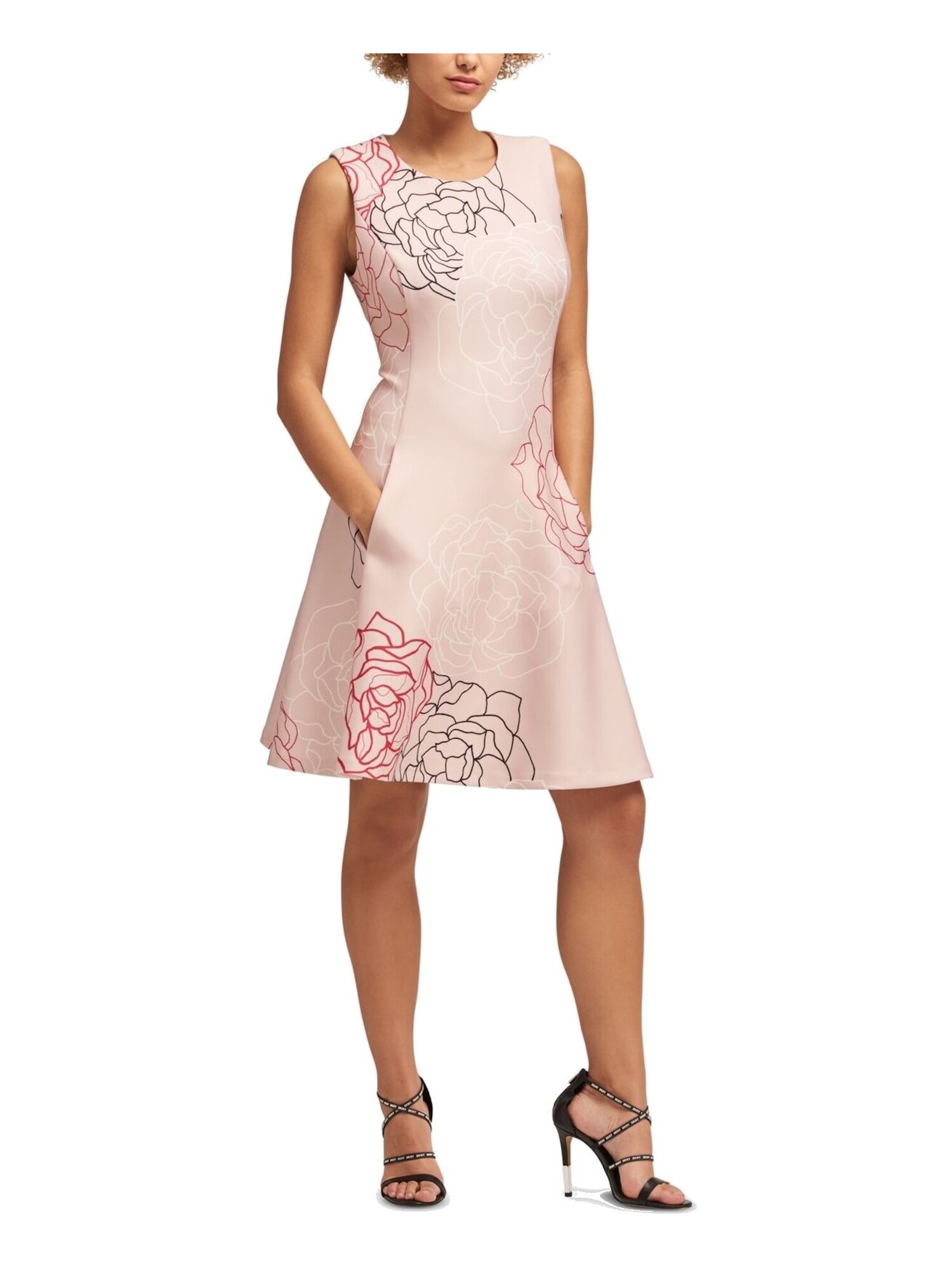 DKNY Womens Pink Floral Sleeveless Above The Knee Fit + Flare Dress