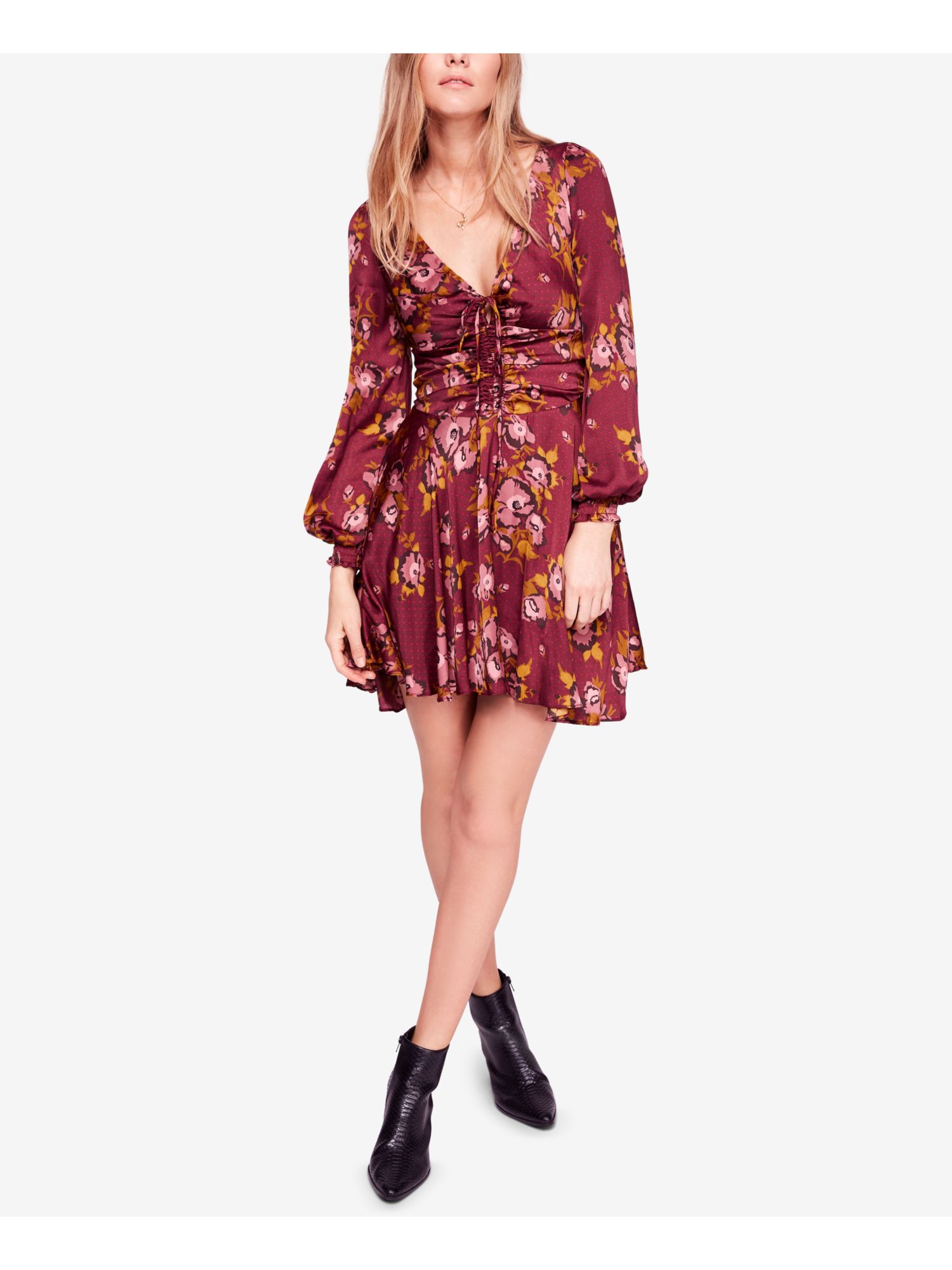 Женское бордовое утреннее легкое мини-платье FREE PEOPLE с длинным рукавом и V-образным вырезом 12