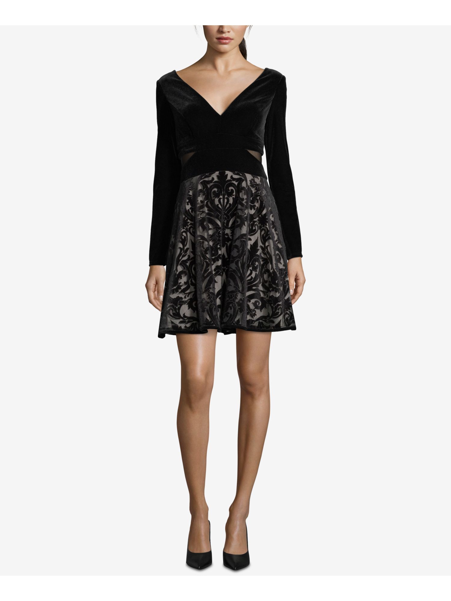 XSCAPE 249 Womens New Black Velvet V Neck Long Sleeve Fit + Flare