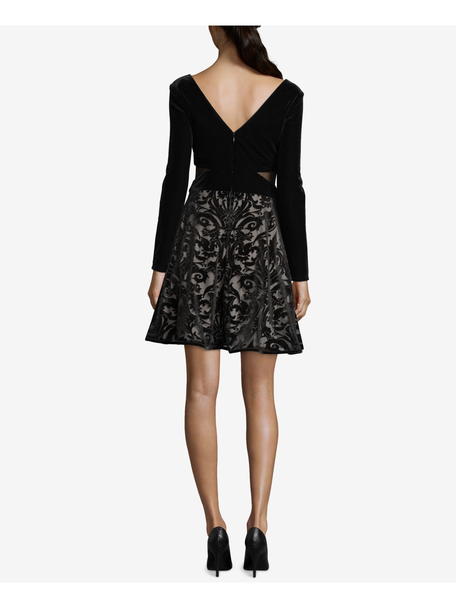 XSCAPE 249 Womens New Black Velvet V Neck Long Sleeve Fit + Flare