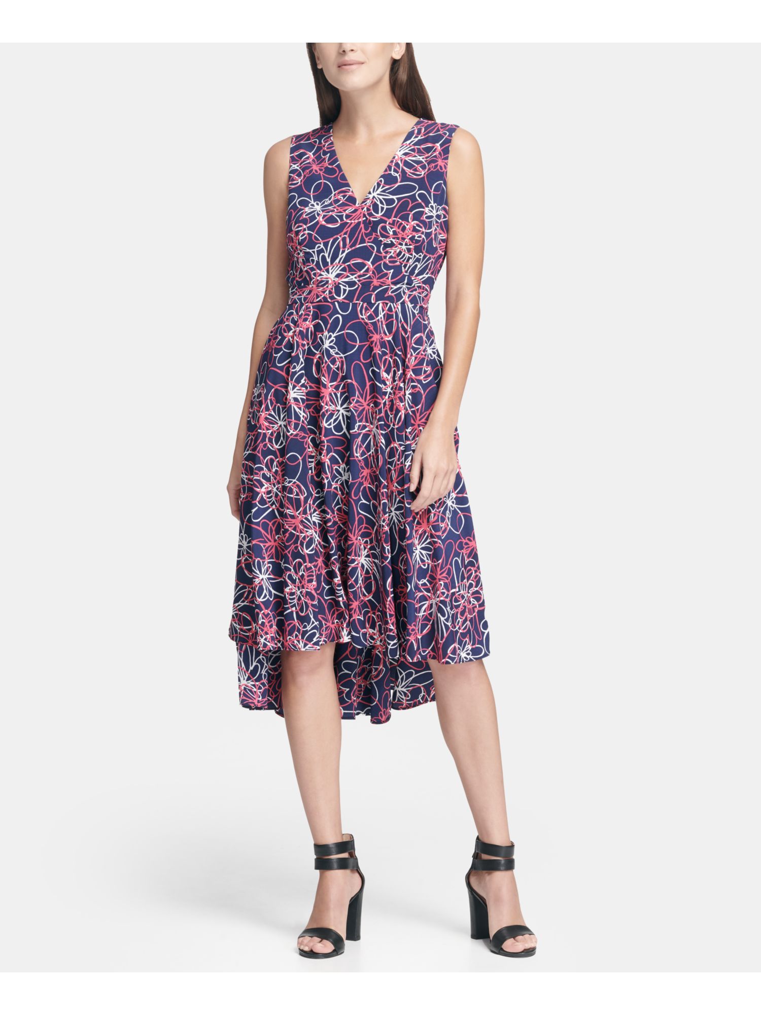 DKNY $129 Womens New Navy Printed V Neck Sleeveless Midi Sheath Dress 2 B+B | eBay