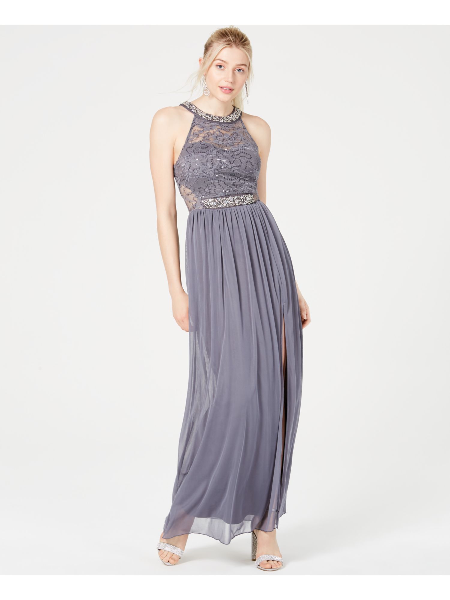 BCX $89 Womens New Gray Rhinestone Halter Sleeveless Maxi Sheath Dress 0 B+B | eBay