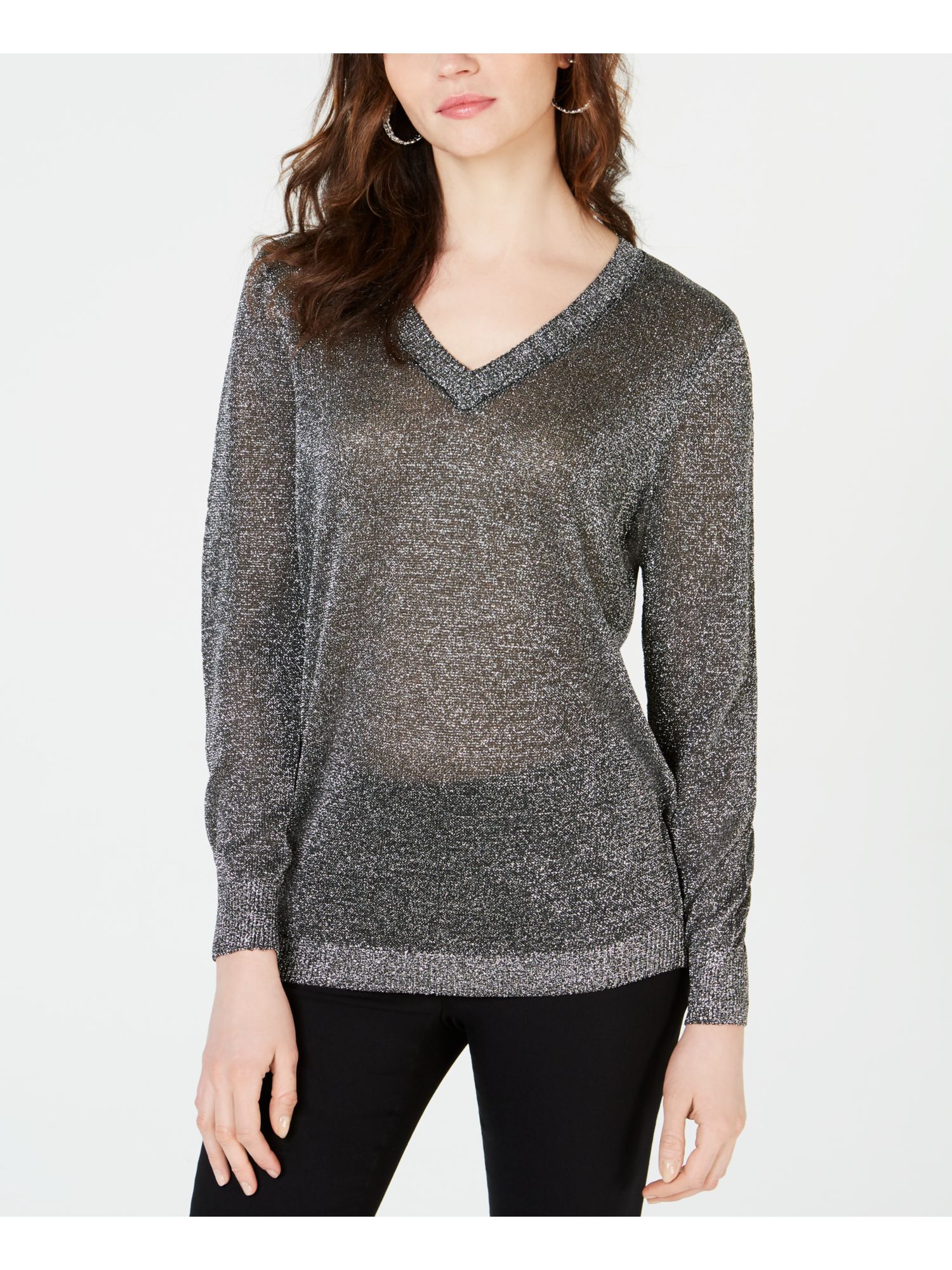 INC 70 Womens New 0187 Silver Metallic Long Sleeve V Neck Casual
