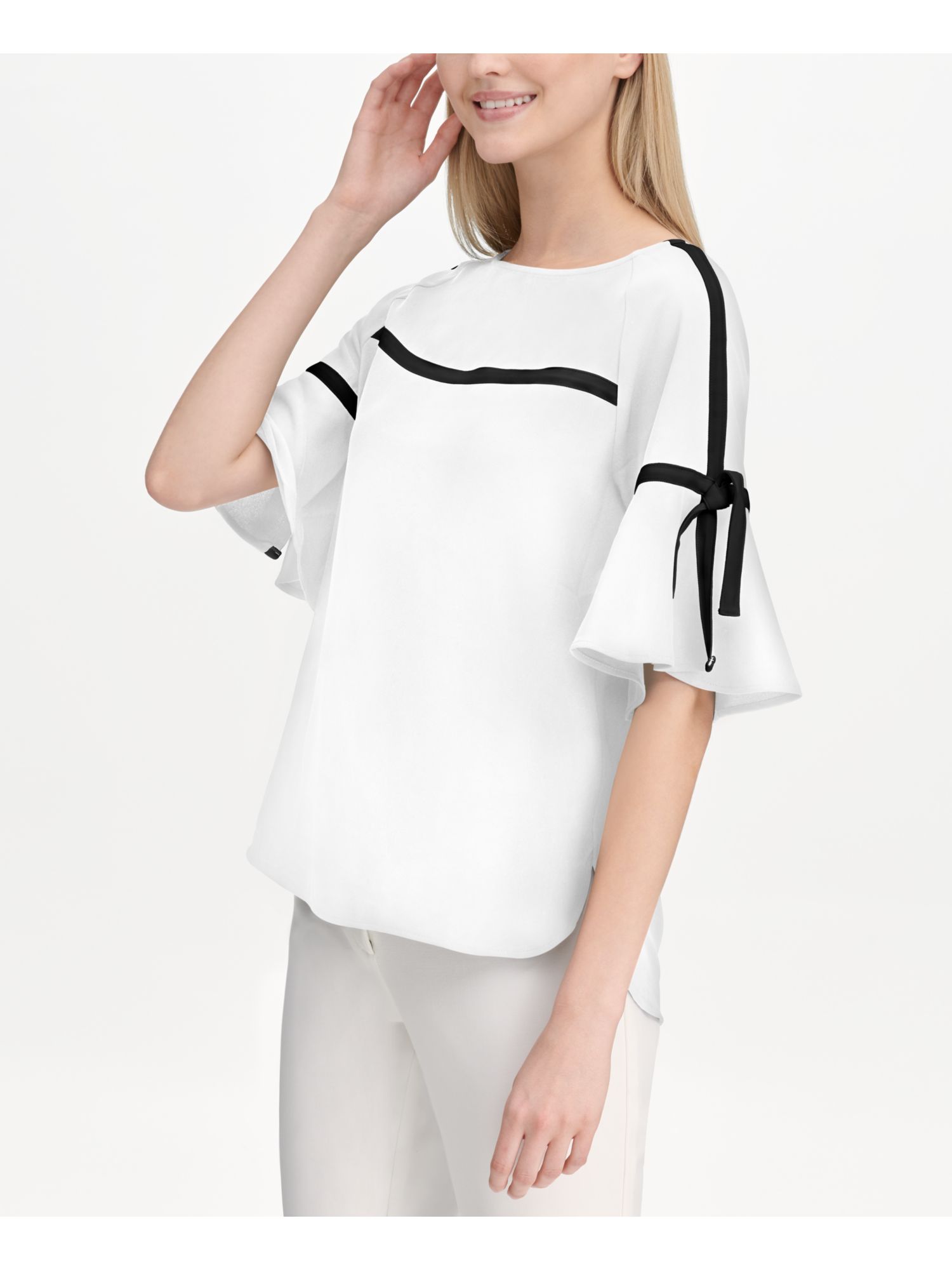 CALVIN KLEIN $80 Womens New 0303 White Bell Sleeve Crew Neck Casual Top M B+B 887345773628 | eBay