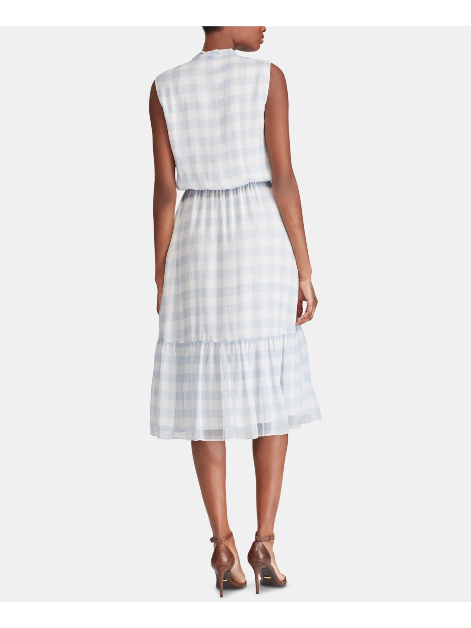 RALPH LAUREN 155 Womens New 0414 Light Blue Plaid Tie Neck Sheath
