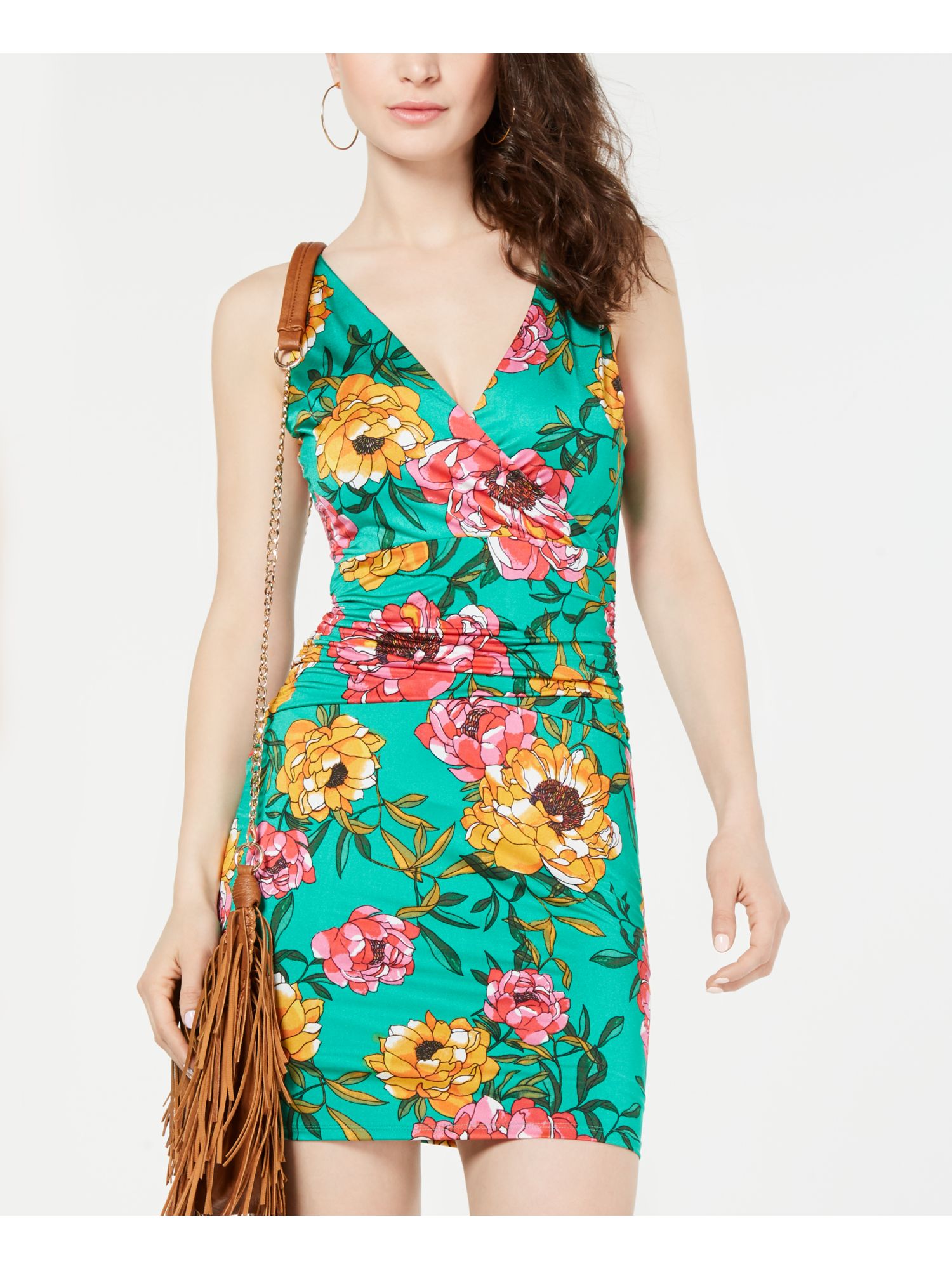 GUESS Womens Green Floral Sleeveless V Neck Mini Body Con Party Dress