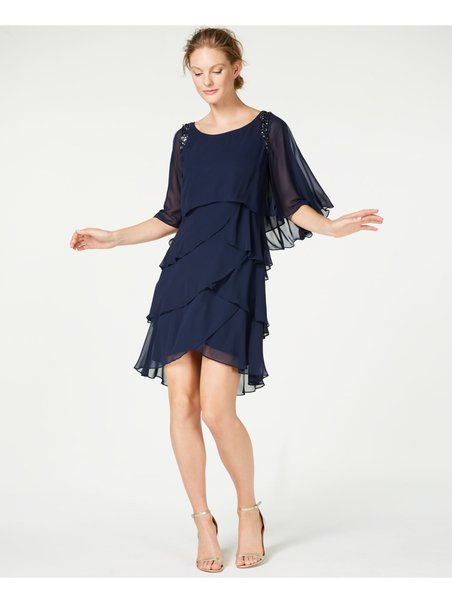 SLNY Womens Navy Bell Sleeve Jewel Neck Short Ruffled Party Dress Size