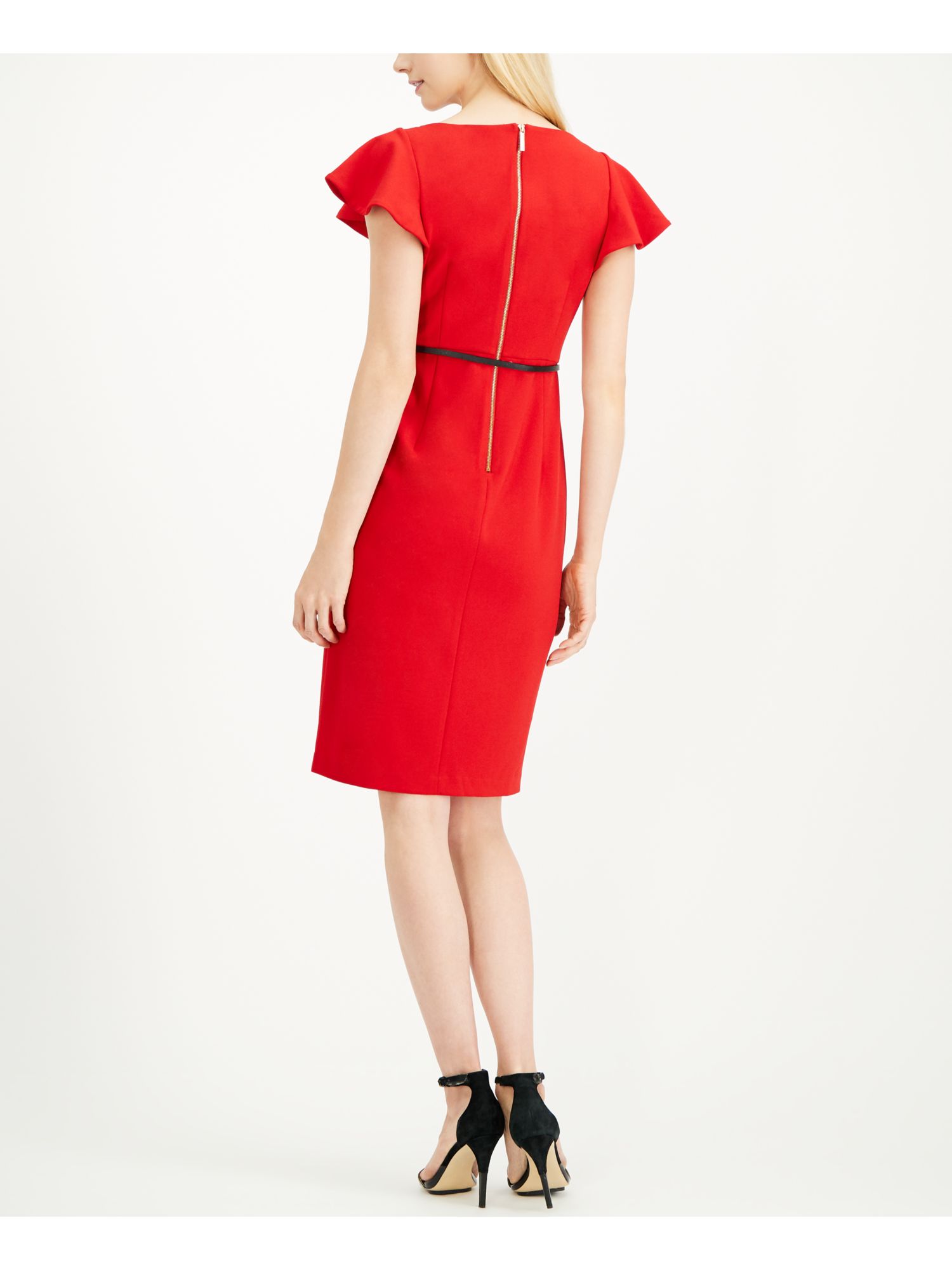 CALVIN KLEIN Womens Red Crew Neck Below The Knee Sheath Evening Dress