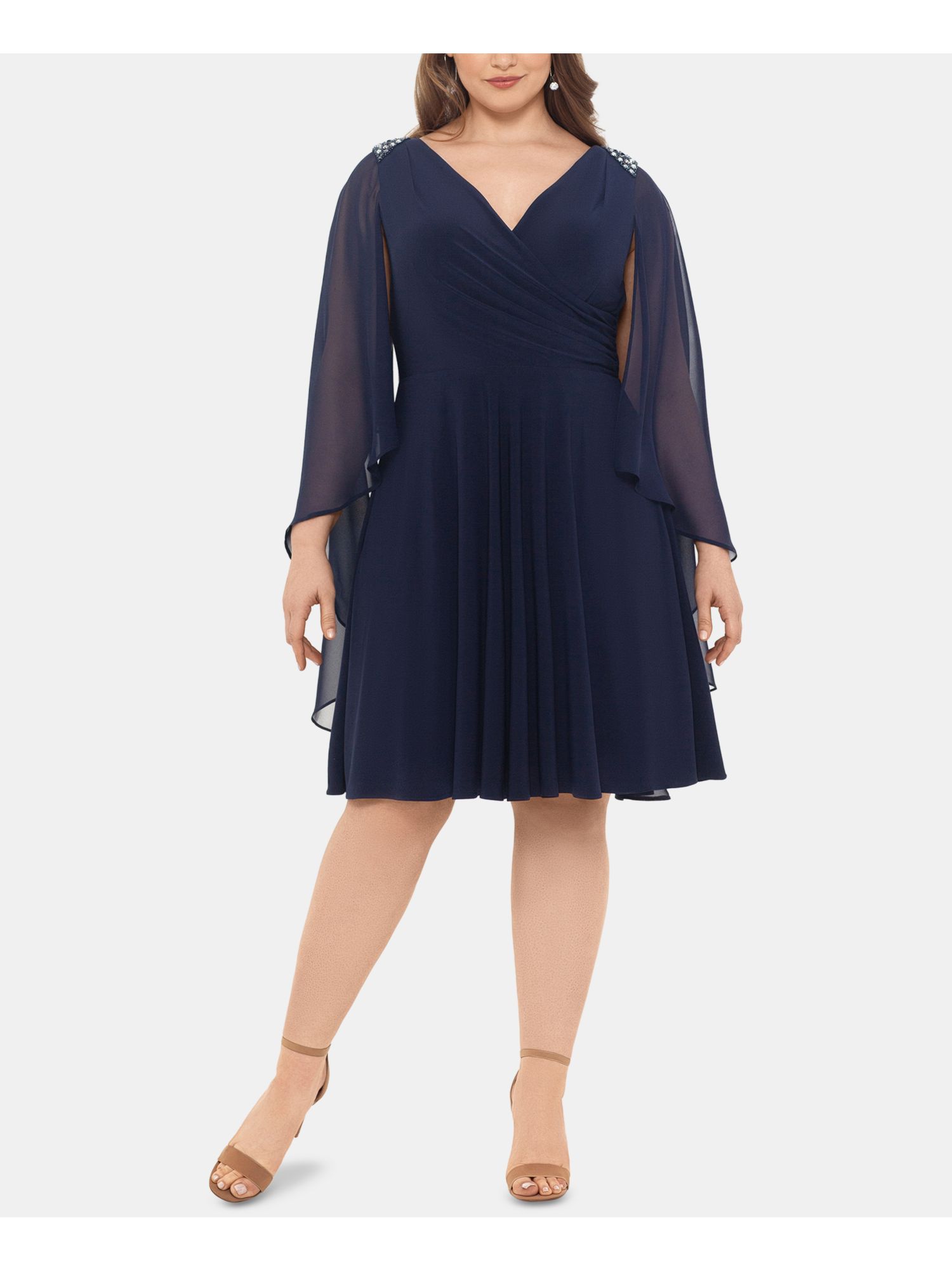 XSCAPE Womens Navy Long Sleeve Knee Length Fit + Flare Formal Dress
