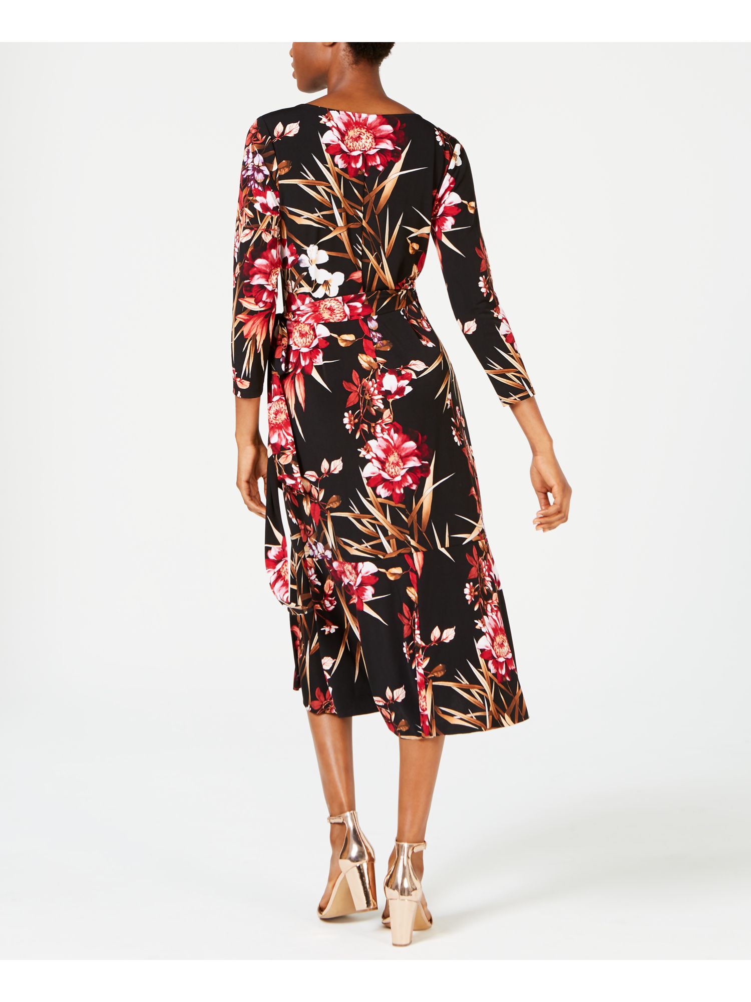CONNECTED APPAREL Womens Black Floral 3/4 Sleeve Midi Wrap Dress Size: 16 | eBay