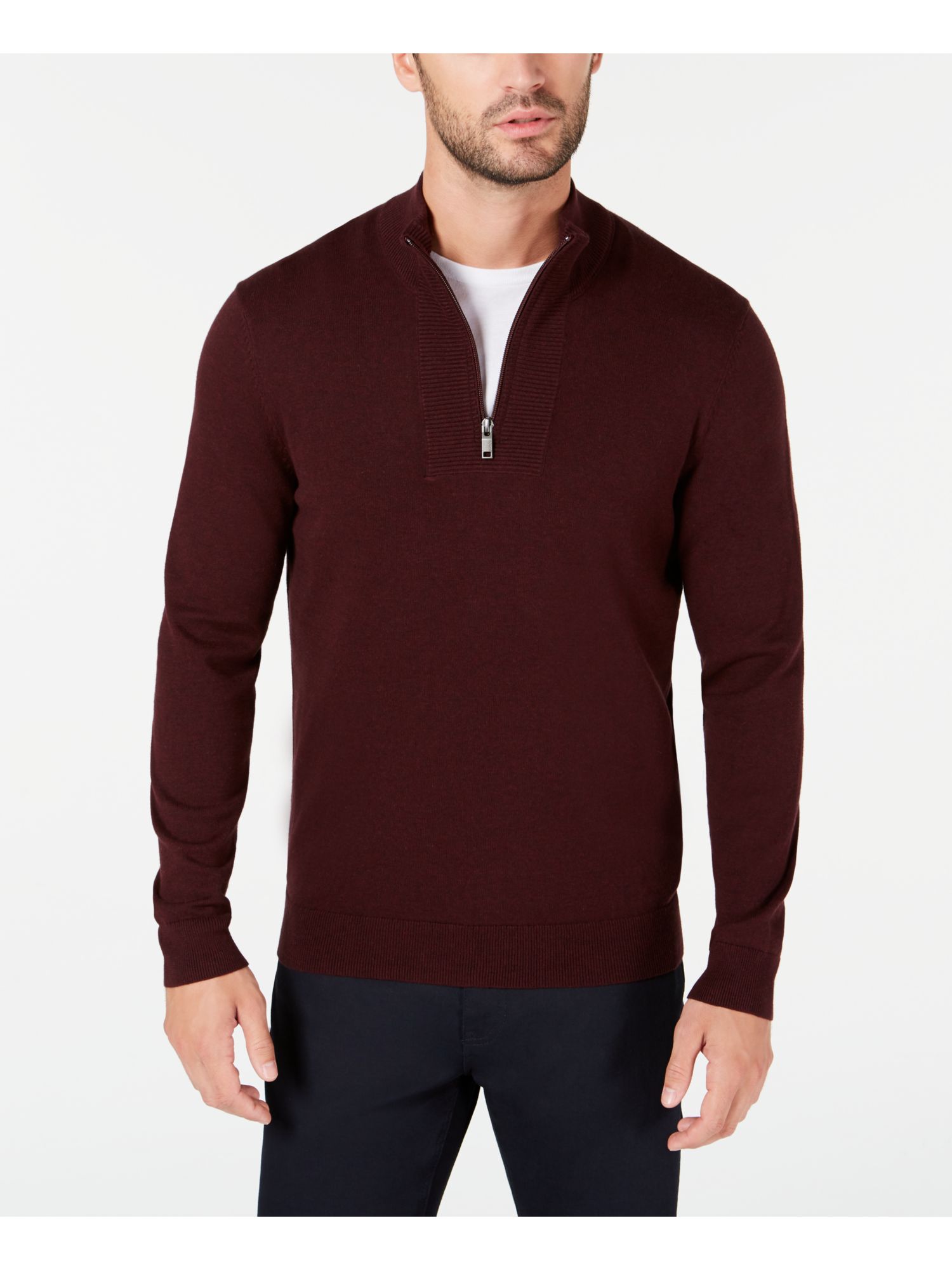 ALFANI Mens Maroon Solid Mock QuarterZip Pullover Sweater Classic Size