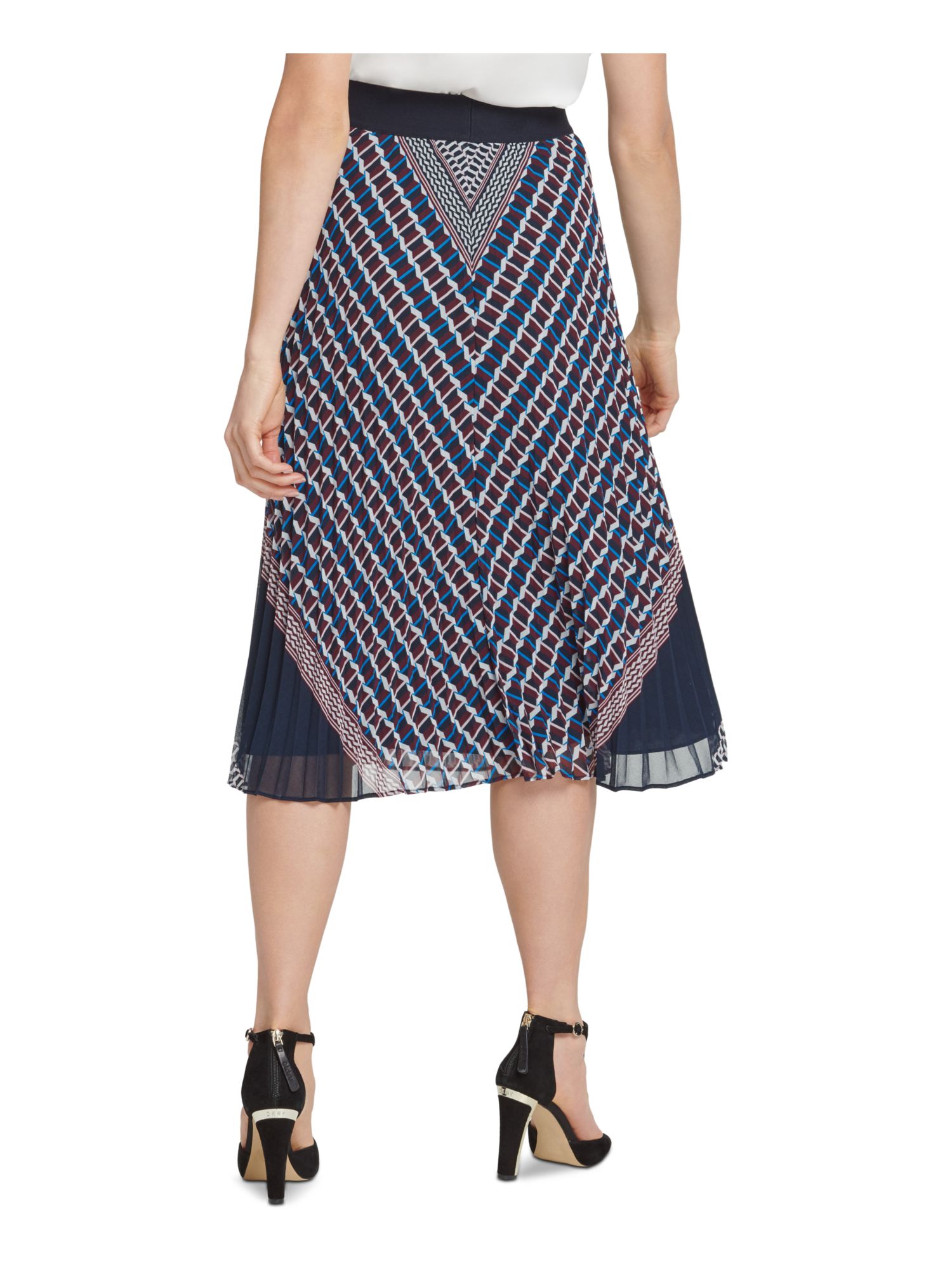 DKNY 99 Womens New 0658 Navy Printed Midi Pleated Casual Skirt XL B+B