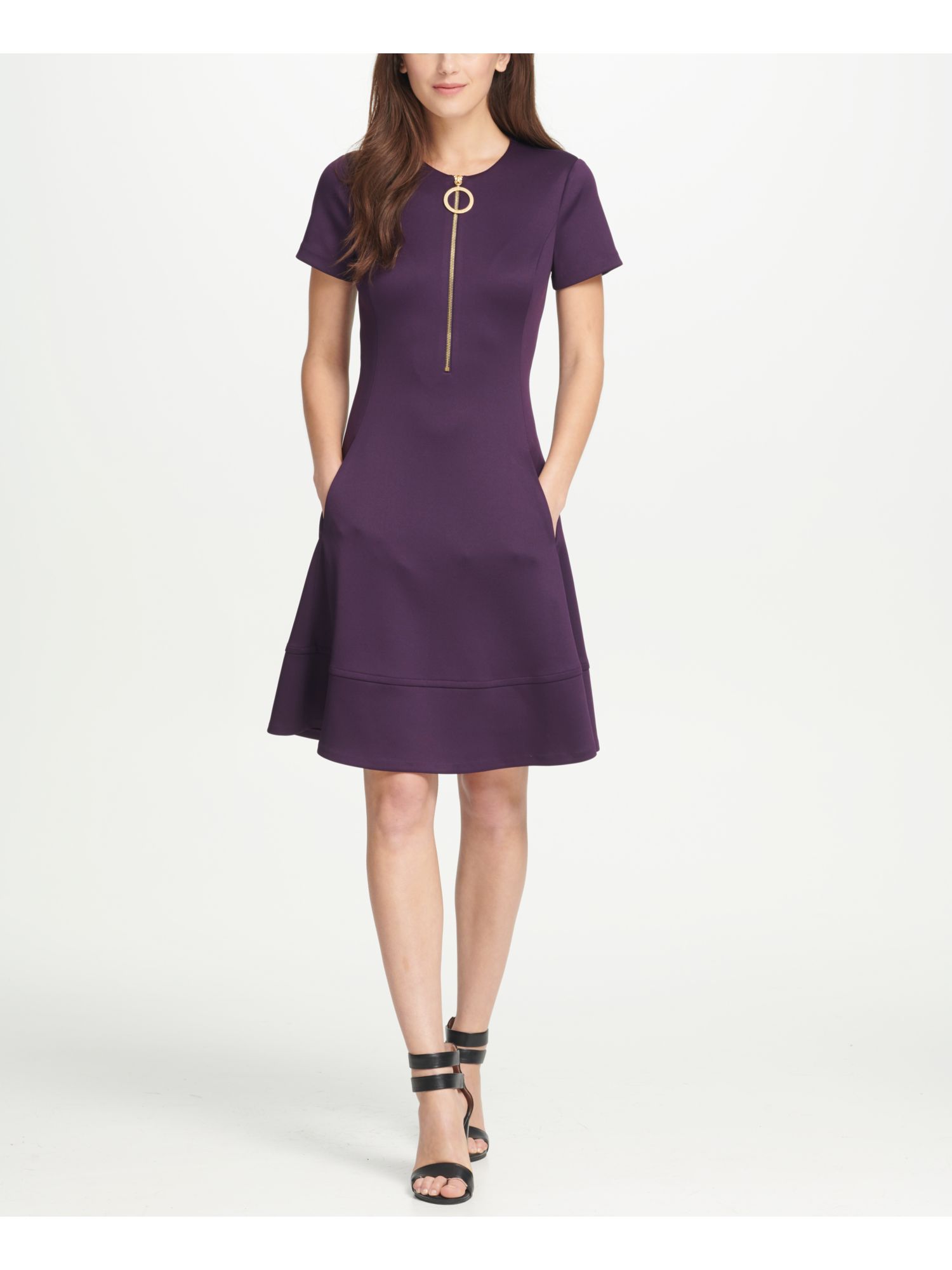 DKNY 119 Womens New Purple Pocketed Zip Neck Fit + Flare Dress 14 B+B