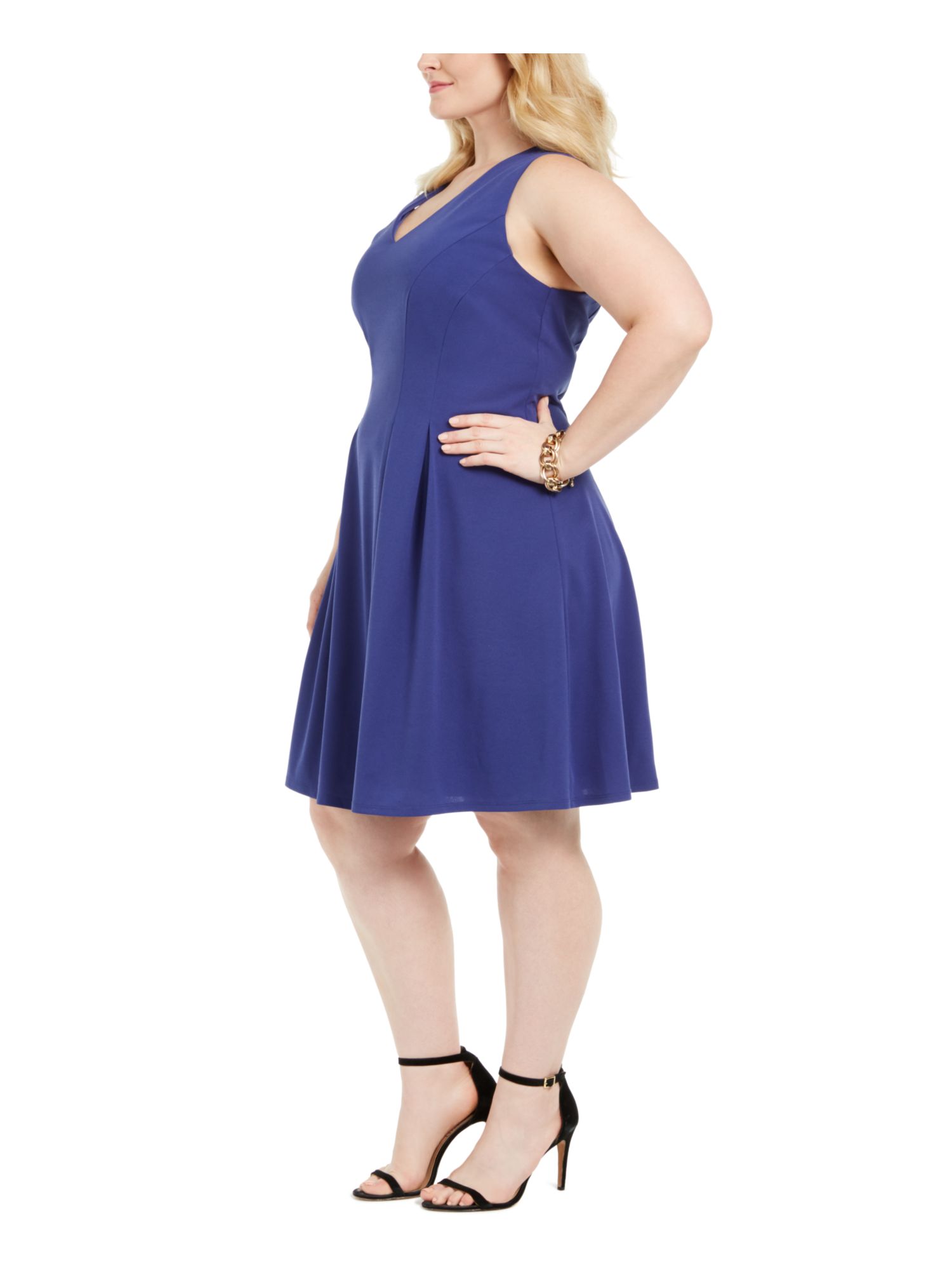 TEEZE ME Womens Fit + Flare Knee Length Dress Sleeveless V Neck Wear To Work
