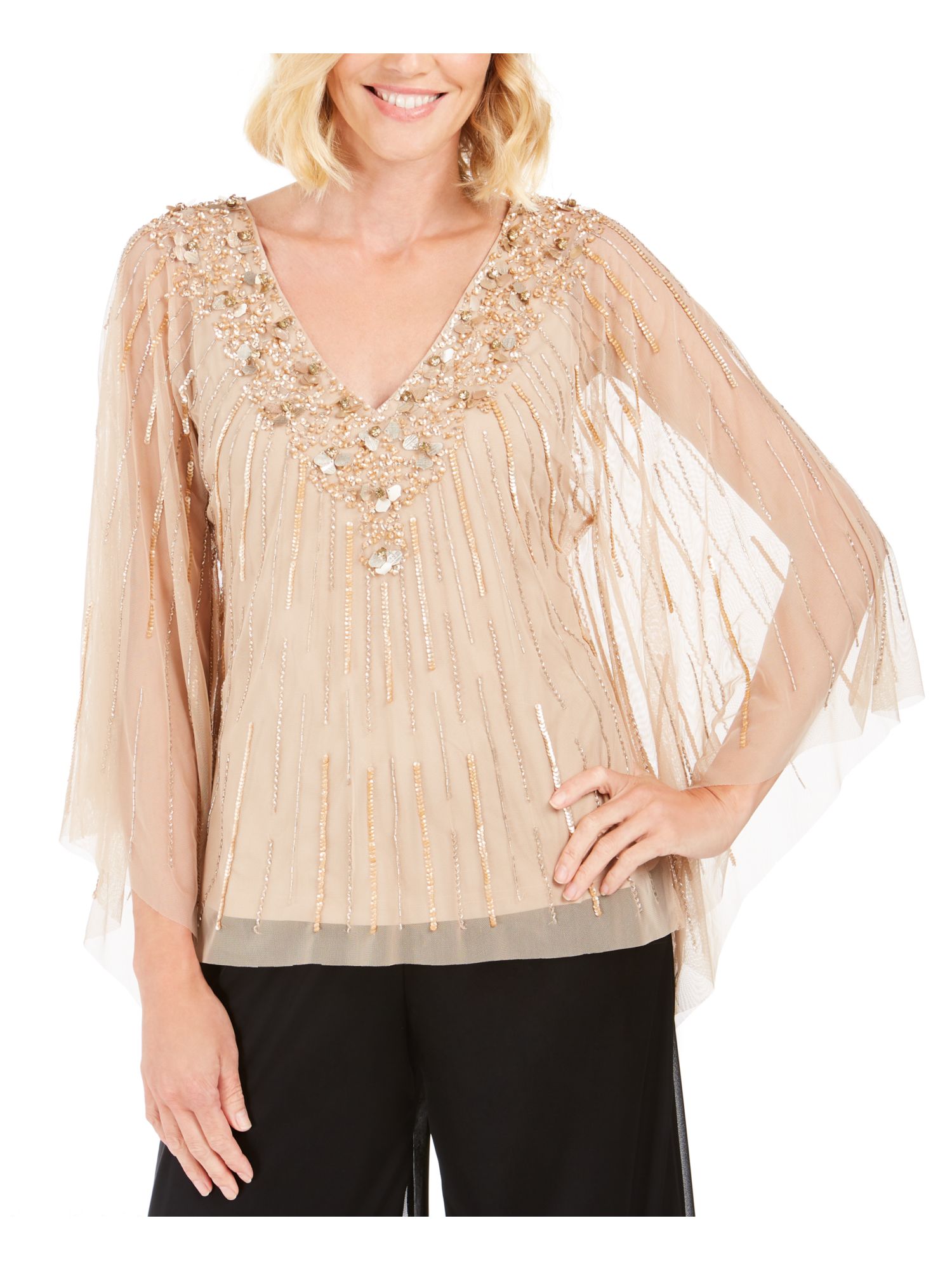 ADRIANNA PAPELL Womens Beige Long Sleeve V Neck Evening Top Size S eBay