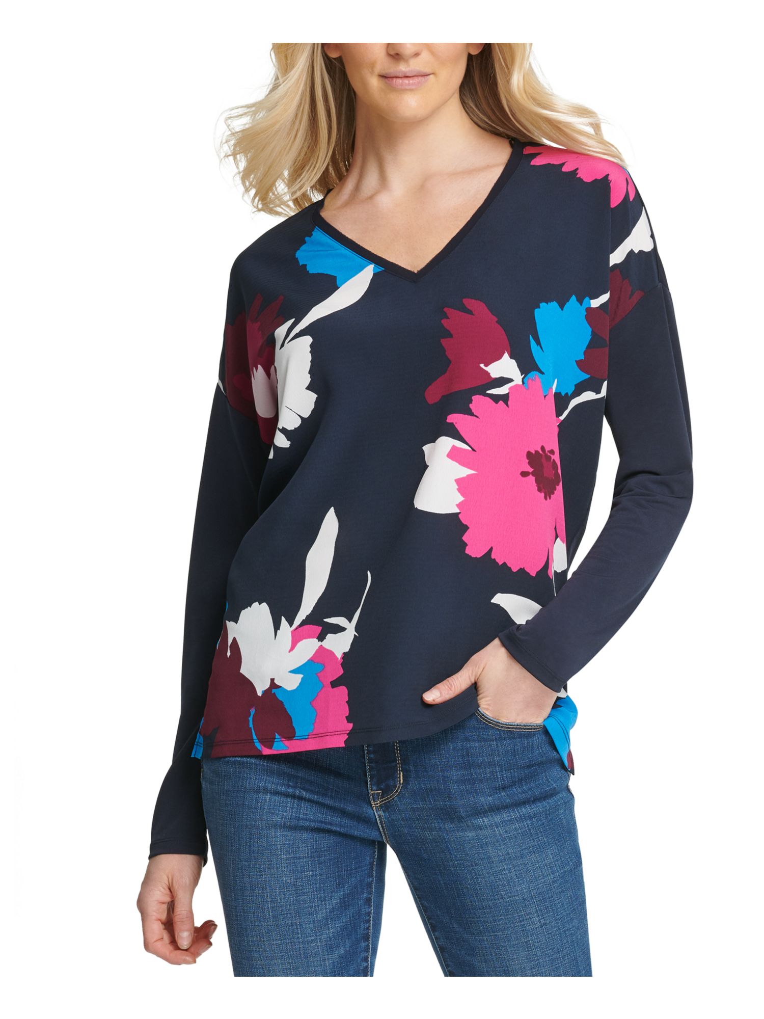 DKNY Womens Printed V-Neck Top