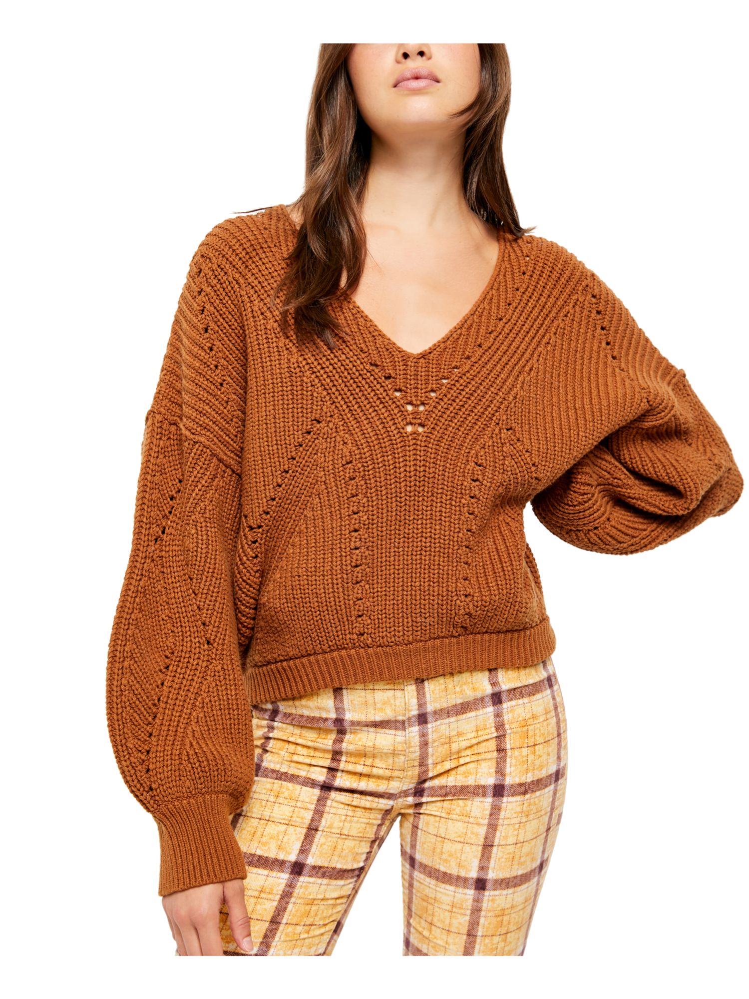 FREE PEOPLE 108 Womens New Brown Knitted V Neck Long Sleeve Sweater XS
