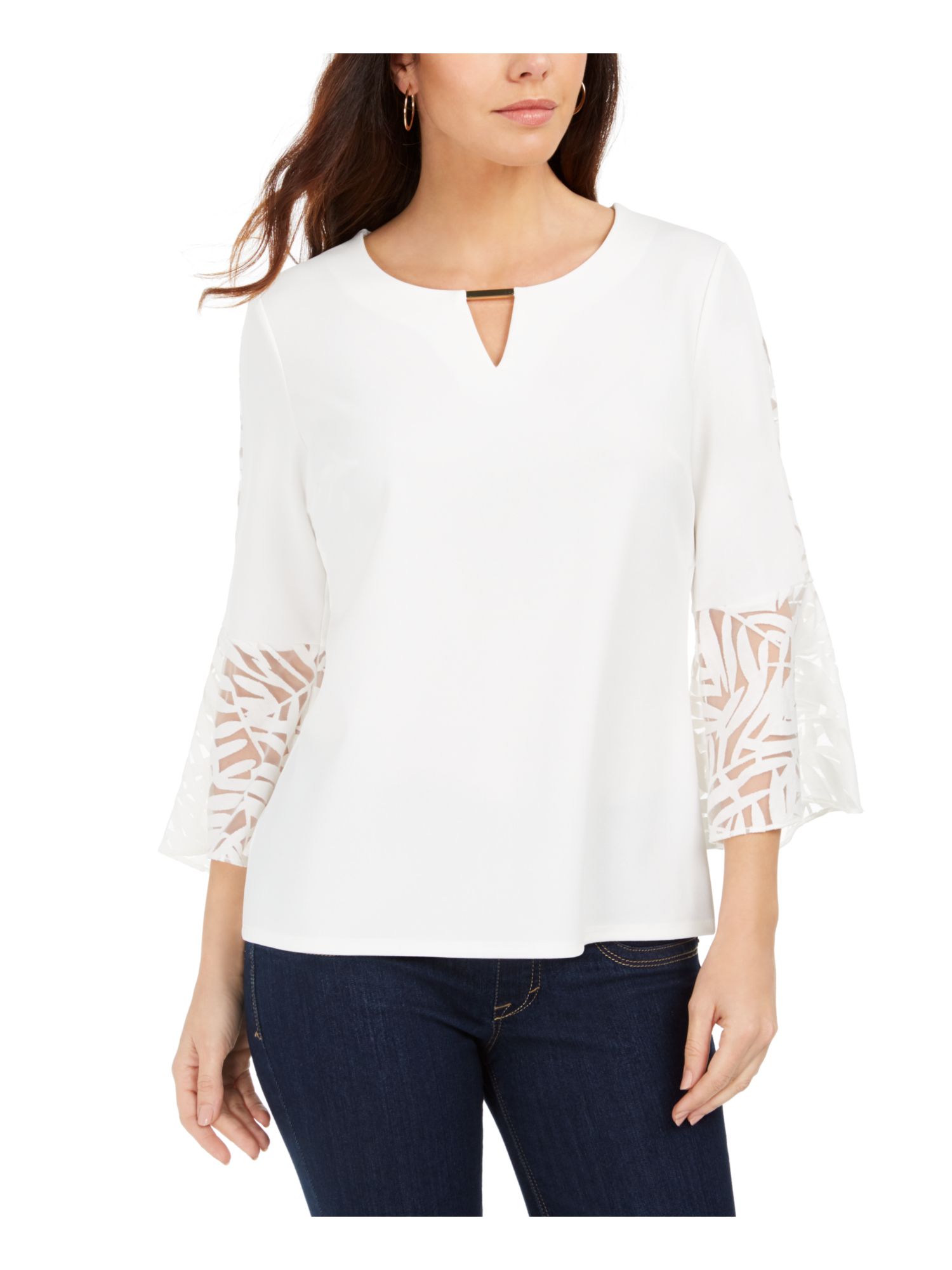 JM COLLECTION 54 Womens New White Keyhole 3/4 Sleeve Evening Top M B+B