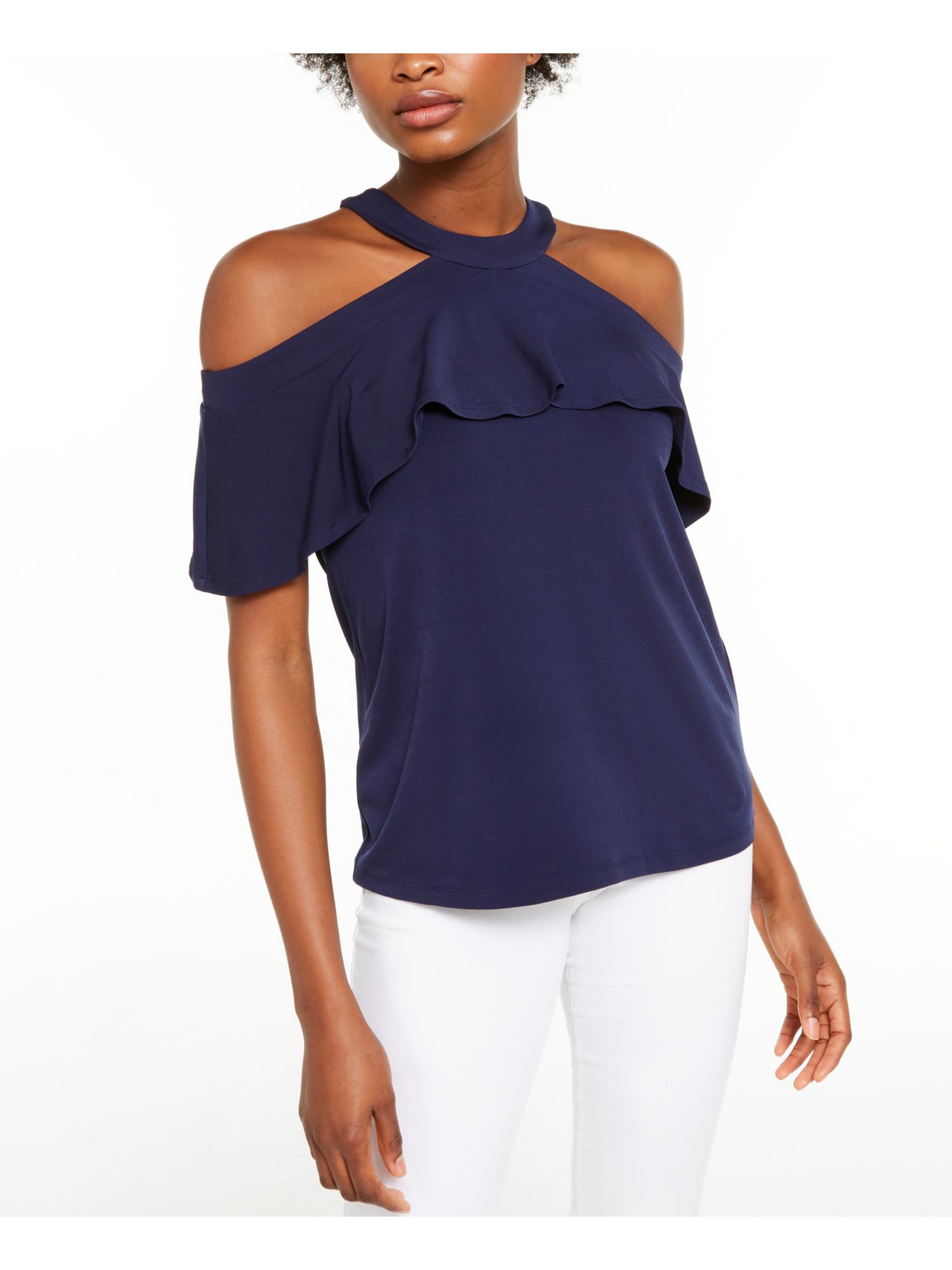 MICHAEL KORS Womens Navy Cold Shoulder Short Sleeve Halter Top Size S