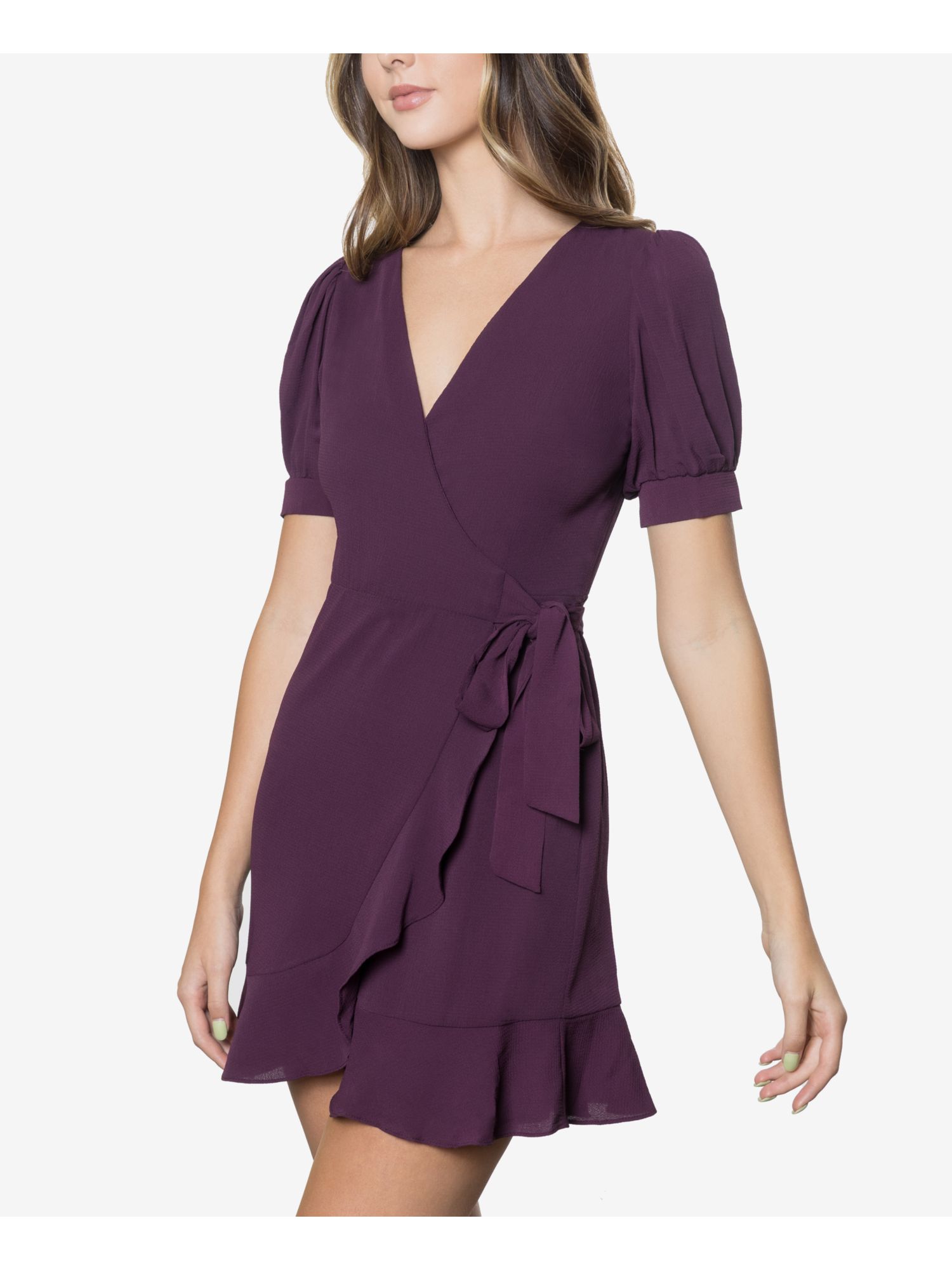 B DARLIN Womens Wrap Dress Mini Ruffled Tie Short Sleeve V Neck