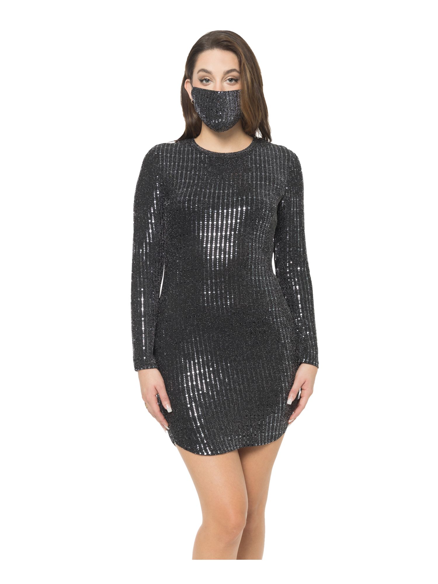 B DARLIN Womens Long Sleeve Crew Neck Micro Mini Party Body Con Dress - Picture 4 of 6