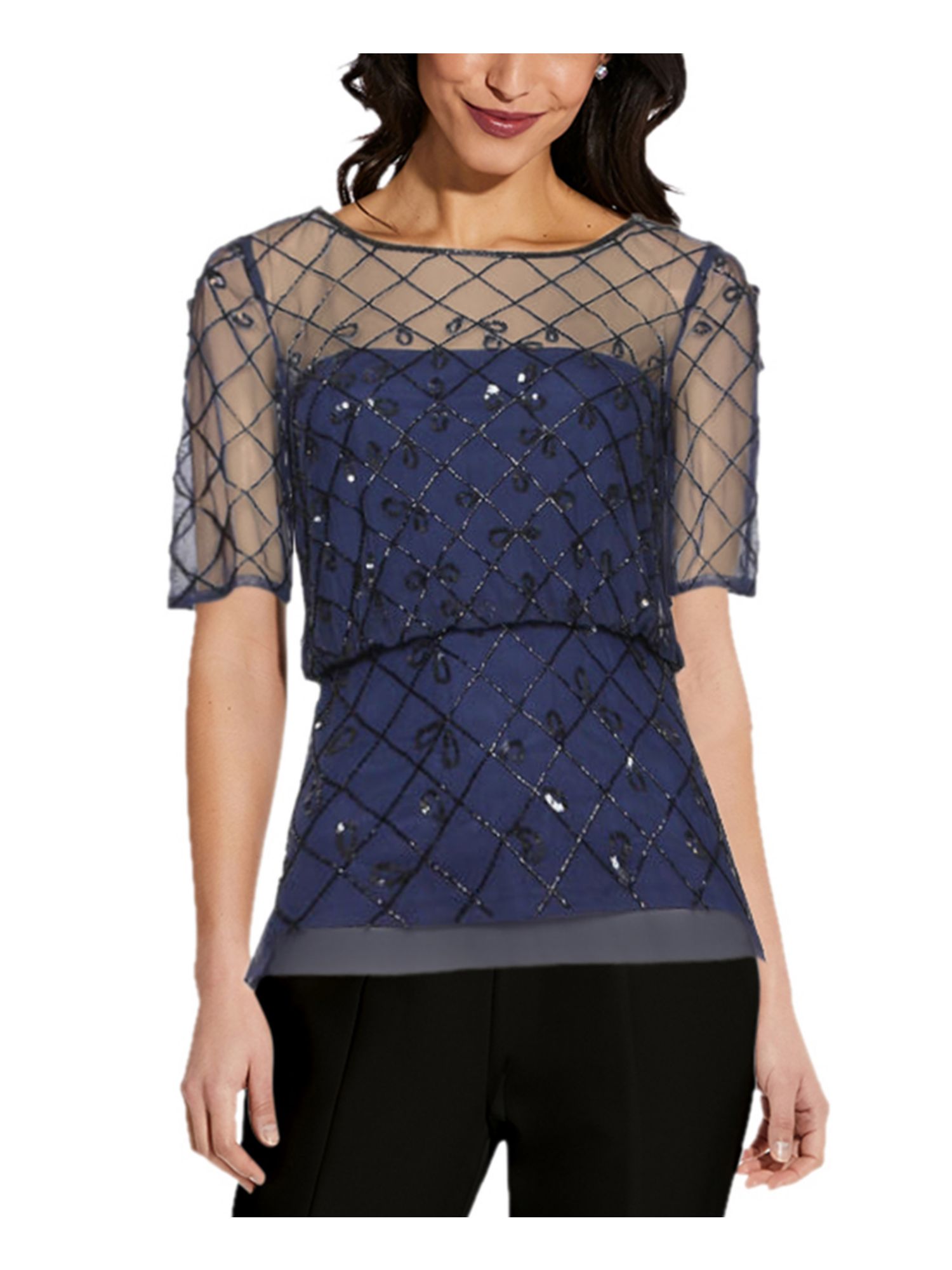 ADRIANNA PAPELL Womens Beaded Sheer Zippered Short Sleeve Crew Neck Evening Top - Picture 7 of 9