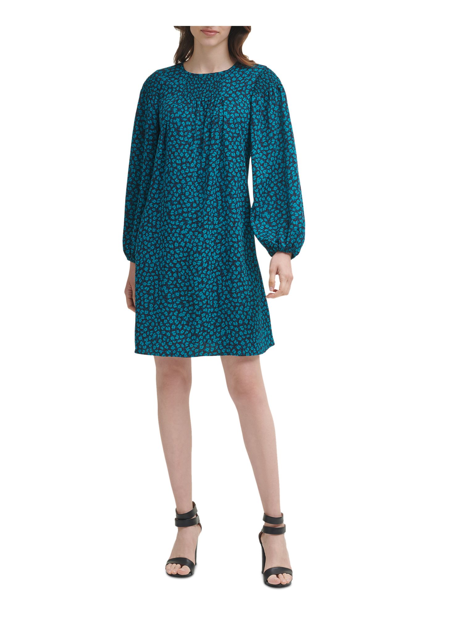 DKNY Womens Smocked Long Sleeve Round Neck Short Evening Shift Dress - Picture 12 of 17