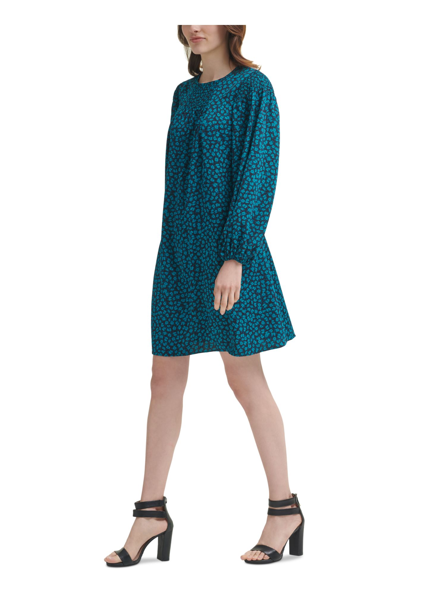 DKNY Womens Smocked Long Sleeve Round Neck Short Evening Shift Dress - Picture 15 of 17