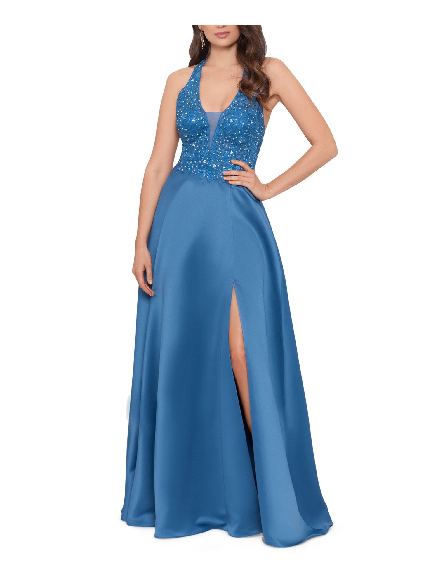 BLONDIE NITES Womens Plunging Mesh Back Straps Sleeveless Fit + Flare Dress - Picture 7 of 24
