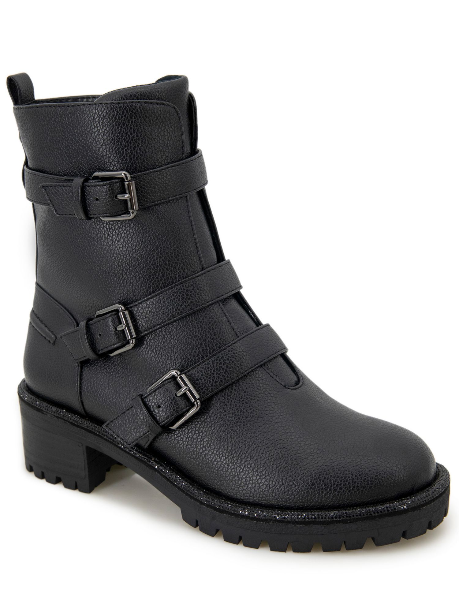 REACTION KENNETH COLE Womens Black Pull Tab Tate Round Toe Block Heel Moto 7 M 7790₽