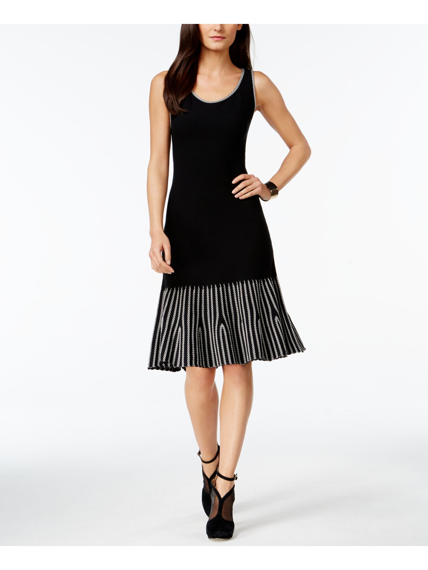 INC Womens Black Printed Sleeveless Below The Knee Fit + Flare Dress