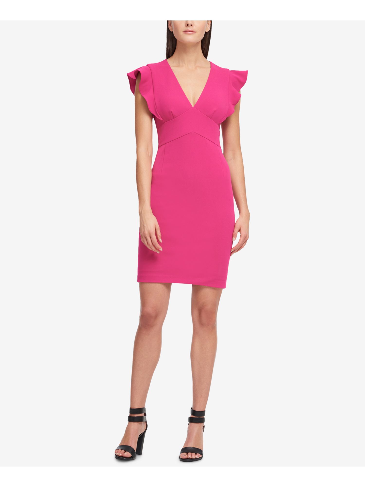 DKNY 109 Womens New Pink Ruffled Zippered V Neck Cap Sleeve Sheath