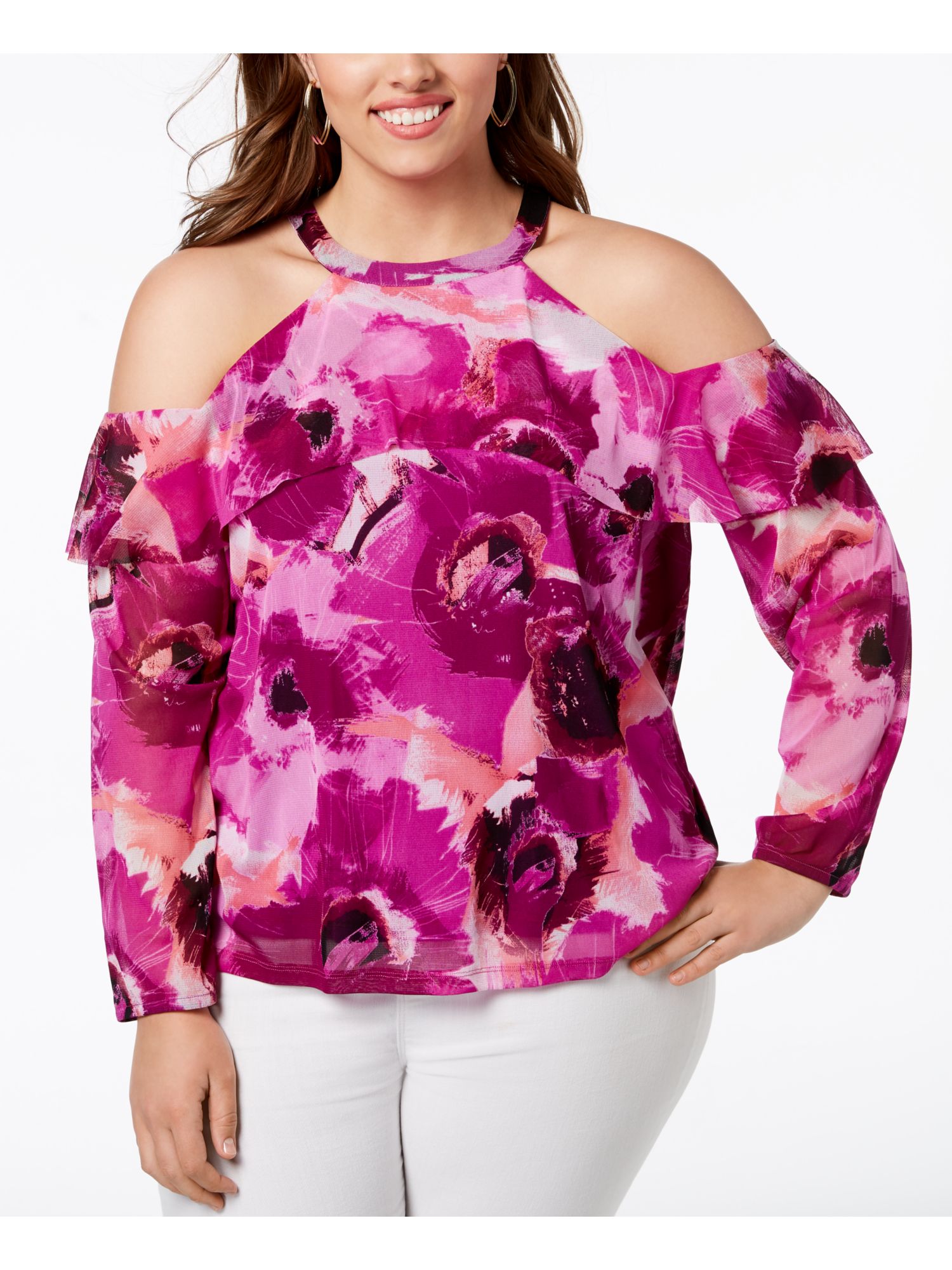 INC 74 Womens New Purple Floral Cold Shoulder Long Sleeve Top 2X Plus